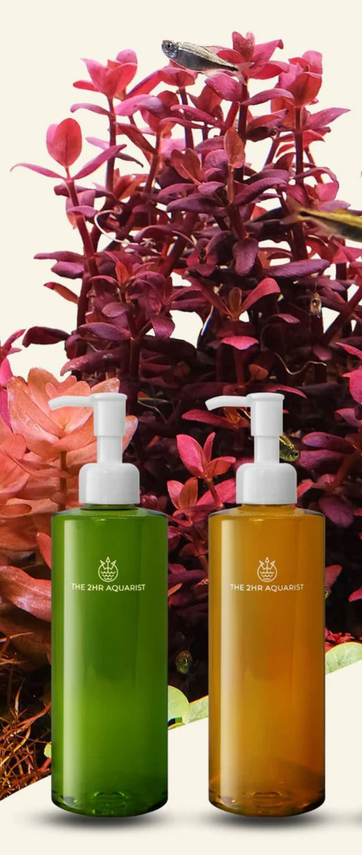 Two eco-friendly bottles, one green and one amber, are positioned in front of vibrant aquatic plants, enhancing the serene aquatic aesthetic.